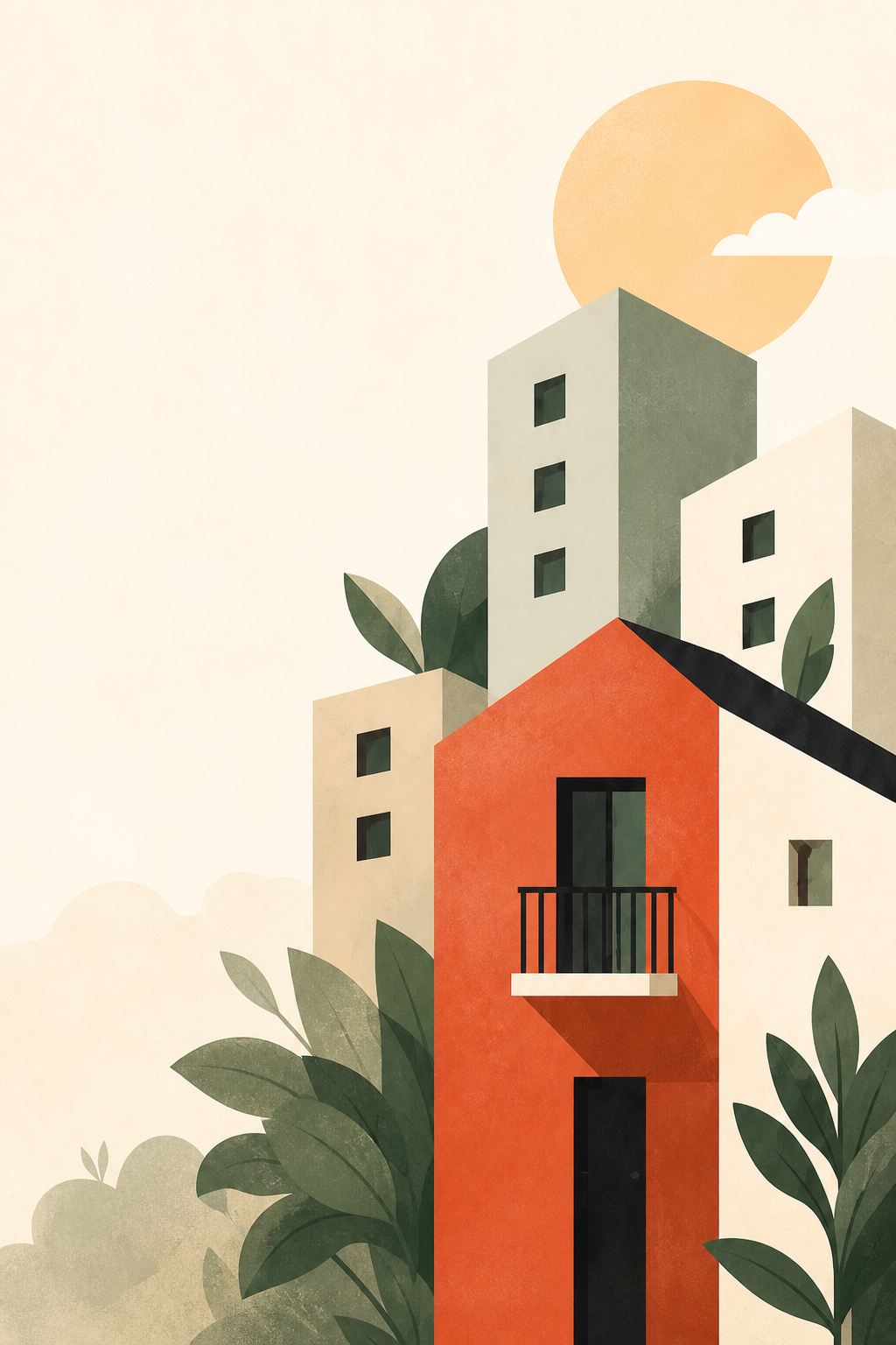 Ilustracion editorial de edificios y barrio